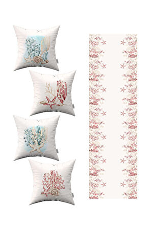 Kırmızı Mavi Marin Desenli 4'lü Kırlent Kılıfı 1 Runner Seti 4kmbs276-RS-2