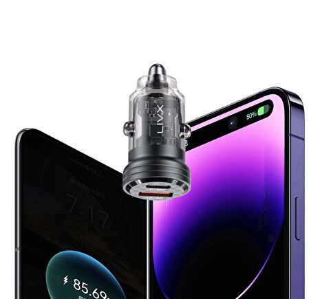 LivX Transparent 45W PD/QC Type C ve USB Çıkış Ultra Hızlı Mini Araç şarj Cihazı L35