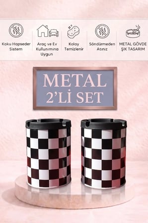 Desenli 2 Adet Metal Kül Tablası | Ev | Araç Kül Tablası | 200 ml | Kokusuz Küllük