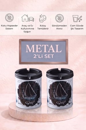 Desenli 2 Adet Metal Kül Tablası | Ev | Araç Kül Tablası | 200 ml | Kokusuz Küllük