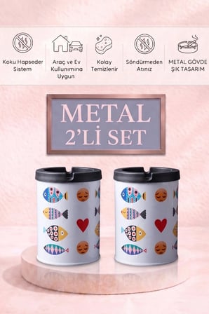 Desenli 2 Adet Metal Kül Tablası | Ev | Araç Kül Tablası | 200 ml | Kokusuz Küllük