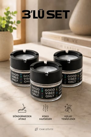 Good Vibes 3 Adet Cam Kokusuz Küllük | Koku Hapseden Kapaklı | Rüzgar Önleyici Kapaklı | Araç ve Ev Kullanımına Uygun | Siyah | 300 ML