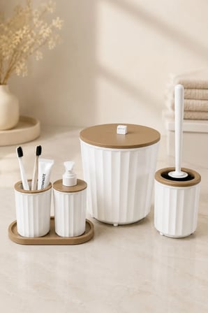 5 Parça Banyo Seti Modern Çizgili Tasarım | Çöp Kovası | Wc Fırçası | Organizer | Sıvı Sabunluk | Diş fırçalık