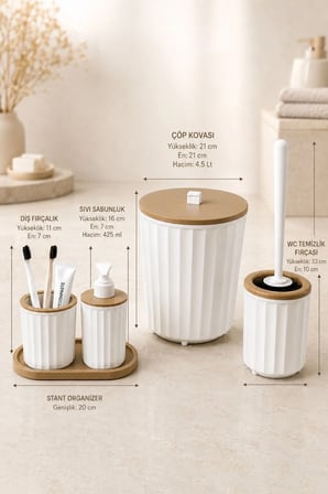 5 Parça Banyo Seti Modern Çizgili Tasarım | Çöp Kovası | Wc Fırçası | Organizer | Sıvı Sabunluk | Diş fırçalık