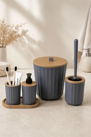 5 Parça Banyo Seti Modern Çizgili Tasarım | Çöp Kovası | Wc Fırçası | Organizer | Sıvı Sabunluk | Diş fırçalık