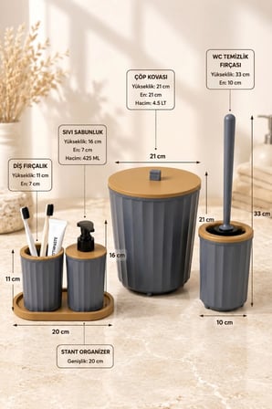 5 Parça Banyo Seti Modern Çizgili Tasarım | Çöp Kovası | Wc Fırçası | Organizer | Sıvı Sabunluk | Diş fırçalık