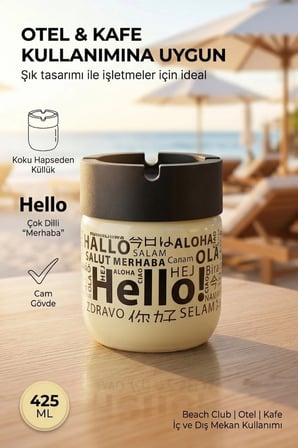 Hello Baskılı Cam Kokusuz Küllük | Dumansız | Rüzgar Önleyici Kapaklı Dekoratif Cam Küllük | 425 ML | Sarı