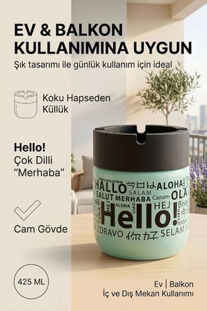 Hello Baskılı 2 Adet Cam Kokusuz Küllük | Dumansız | Rüzgar Önleyici Kapaklı Dekoratif Cam Küllük | 425 ML | Siyah Yeşil