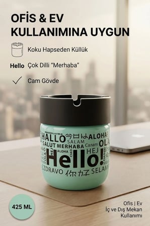 Hello Baskılı 2 Adet Cam Kokusuz Küllük | Dumansız | Rüzgar Önleyici Kapaklı Dekoratif Cam Küllük | 425 ML | Yeşil Sarı