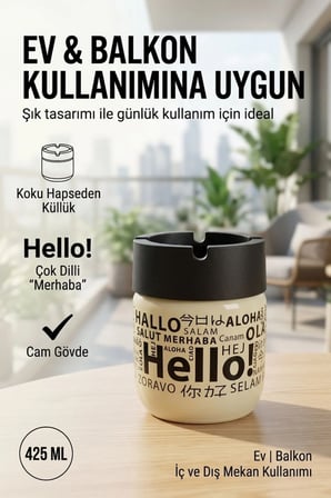 Hello Baskılı 2 Adet Cam Kokusuz Küllük | Dumansız | Rüzgar Önleyici Kapaklı Dekoratif Cam Küllük | 425 ML | Yeşil Sarı