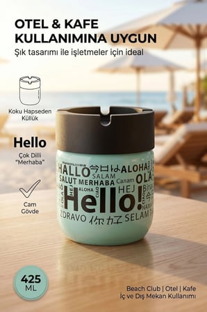 Hello Baskılı 2 Adet Cam Kokusuz Küllük | Dumansız | Rüzgar Önleyici Kapaklı Dekoratif Cam Küllük | 425 ML | Yeşil Sarı