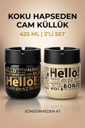 Hello Baskılı 2 Adet Cam Kokusuz Küllük | Dumansız | Rüzgar Önleyici Kapaklı Dekoratif Cam Küllük | 425 ML | Siyah Sarı