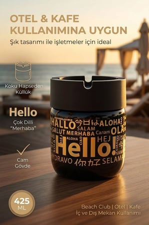 Hello Baskılı 2 Adet Cam Kokusuz Küllük | Dumansız | Rüzgar Önleyici Kapaklı Dekoratif Cam Küllük | 425 ML | Siyah Sarı