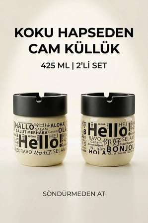 Hello Baskılı 2 Adet Cam Kokusuz Küllük | Dumansız | Rüzgar Önleyici Kapaklı Dekoratif Cam Küllük | 425 ML | Sarı