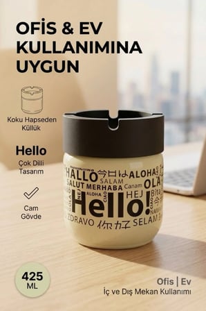 Hello Baskılı 2 Adet Cam Kokusuz Küllük | Dumansız | Rüzgar Önleyici Kapaklı Dekoratif Cam Küllük | 425 ML | Sarı