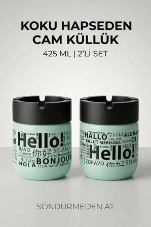 Hello Baskılı 2 Adet Cam Kokusuz Küllük | Dumansız | Rüzgar Önleyici Kapaklı Dekoratif Cam Küllük | 425 ML | Yeşil