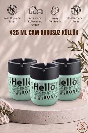Hello Baskılı 3 Adet Cam Kokusuz Küllük | Dumansız | Rüzgar Önleyici Kapaklı Dekoratif Cam Küllük | 425 ML | Yeşil