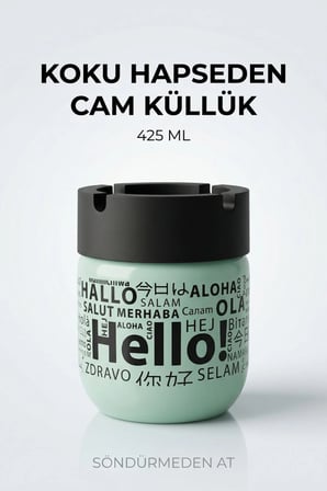 Hello Baskılı 3 Adet Cam Kokusuz Küllük | Dumansız | Rüzgar Önleyici Kapaklı Dekoratif Cam Küllük | 425 ML | Yeşil