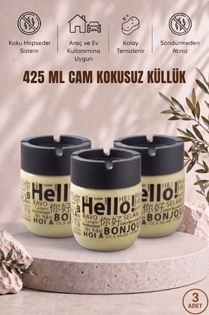 Hello Baskılı 3 Adet Cam Kokusuz Küllük | Dumansız | Rüzgar Önleyici Kapaklı Dekoratif Cam Küllük | 425 ML | Sarı