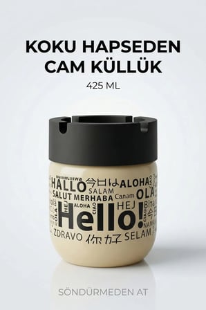 Hello Baskılı 3 Adet Cam Kokusuz Küllük | Dumansız | Rüzgar Önleyici Kapaklı Dekoratif Cam Küllük | 425 ML | Sarı