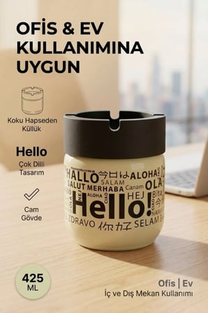 Hello Baskılı 3 Adet Cam Kokusuz Küllük | Dumansız | Rüzgar Önleyici Kapaklı Dekoratif Cam Küllük | 425 ML | Sarı