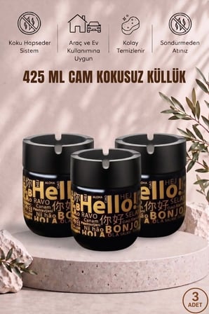 Hello Baskılı 3 Adet Cam Kokusuz Küllük | Dumansız | Rüzgar Önleyici Kapaklı Dekoratif Cam Küllük | 425 ML | Siyah