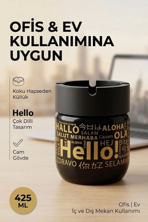 Hello Baskılı 3 Adet Cam Kokusuz Küllük | Dumansız | Rüzgar Önleyici Kapaklı Dekoratif Cam Küllük | 425 ML | Siyah