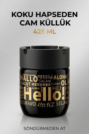 Hello Baskılı 3 Adet Cam Kokusuz Küllük | Dumansız | Rüzgar Önleyici Kapaklı Dekoratif Cam Küllük | 425 ML | Mix