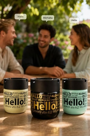 Hello Baskılı 3 Adet Cam Kokusuz Küllük | Dumansız | Rüzgar Önleyici Kapaklı Dekoratif Cam Küllük | 425 ML | Mix