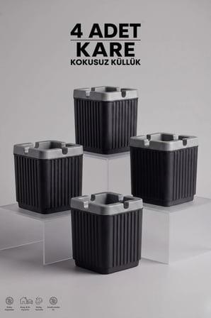 4 Adet Kare Çizgili Küllük | Hazneli Kapaklı Dumansız Sigara Küllüğü | Ev Ofis Balkon Araç | Siyah