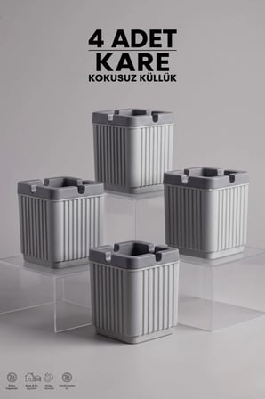 4 Adet Kare Çizgili Küllük | Hazneli Kapaklı Dumansız Sigara Küllüğü | Ev Ofis Balkon Araç | Gri
