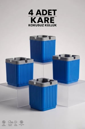 4 Adet Kare Çizgili Küllük | Hazneli Kapaklı Dumansız Sigara Küllüğü | Ev Ofis Balkon Araç | Mavi