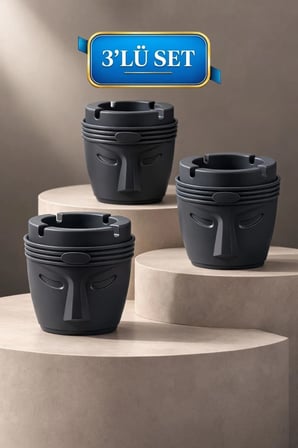 Dekoratif Moai Tasarım 3 Adet Küllük Seti | Rüzgar Önleyici | Derin Hazneli | Plastik Küllük | Gri