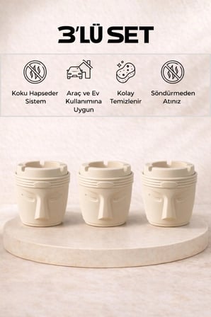 Dekoratif Moai Tasarım 3 Adet Küllük Seti | Rüzgar Önleyici | Derin Hazneli | Plastik Küllük | Bej