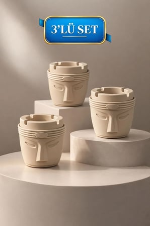 Dekoratif Moai Tasarım 3 Adet Küllük Seti | Rüzgar Önleyici | Derin Hazneli | Plastik Küllük | Bej