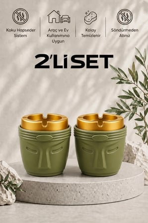 Dekoratif Moai Tasarım 2 Adet Küllük Seti | Rüzgar Önleyici | Derin Hazneli | Plastik Küllük | Haki