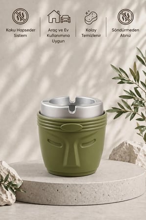 Dekoratif Moai Tasarım Kokusuz Küllük | Rüzgar Önleyici | Derin Hazneli | Plastik Küllük | Haki