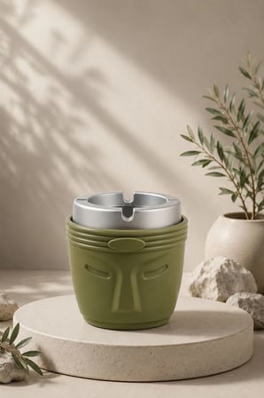Dekoratif Moai Tasarım Kokusuz Küllük | Rüzgar Önleyici | Derin Hazneli | Plastik Küllük | Haki