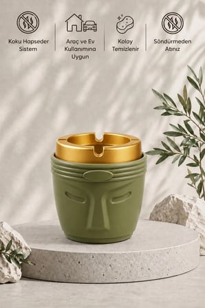 Dekoratif Moai Tasarım Kokusuz Küllük | Rüzgar Önleyici | Derin Hazneli | Plastik Küllük | Haki
