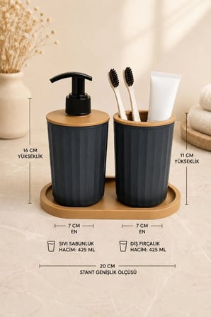 3 Parça Banyo Seti Modern Çizgili Tasarım | Sıvı Sabunluk | Diş fırçalık | Organizer