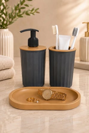 3 Parça Banyo Seti Modern Çizgili Tasarım | Sıvı Sabunluk | Diş fırçalık | Organizer