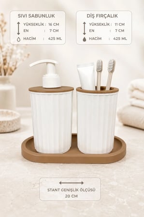 3 Parça Banyo Seti Modern Çizgili Tasarım | Sıvı Sabunluk | Diş fırçalık | Organizer