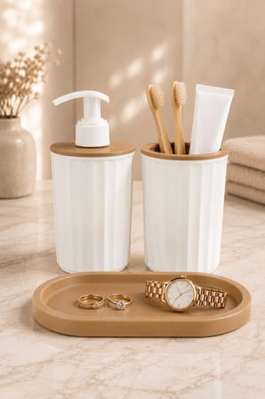3 Parça Banyo Seti Modern Çizgili Tasarım | Sıvı Sabunluk | Diş fırçalık | Organizer