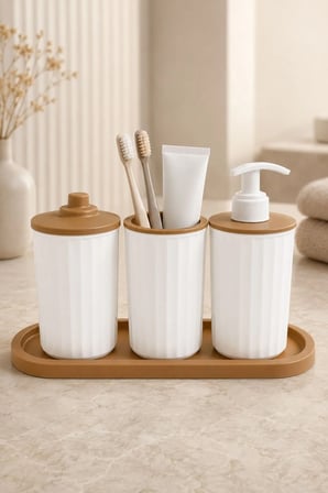 4 Parça Banyo Seti Modern Çizgili Tasarım | Organize | Pamukluk | Organizer | Sıvı Sabunluk | Diş fırçalık
