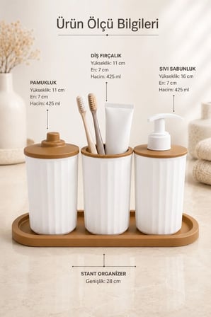 4 Parça Banyo Seti Modern Çizgili Tasarım | Organize | Pamukluk | Organizer | Sıvı Sabunluk | Diş fırçalık