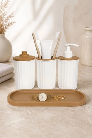 4 Parça Banyo Seti Modern Çizgili Tasarım | Organize | Pamukluk | Organizer | Sıvı Sabunluk | Diş fırçalık