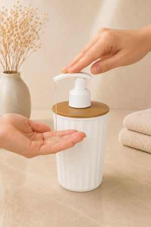 4 Parça Banyo Seti Modern Çizgili Tasarım | Organize | Pamukluk | Organizer | Sıvı Sabunluk | Diş fırçalık