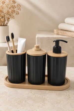 4 Parça Banyo Seti Modern Çizgili Tasarım | Organize | Pamukluk | Organizer | Sıvı Sabunluk | Diş fırçalık