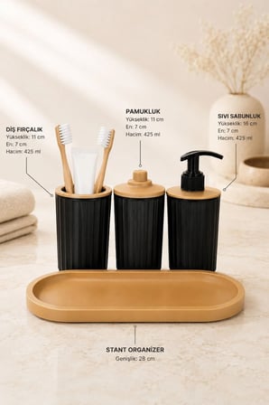 4 Parça Banyo Seti Modern Çizgili Tasarım | Organize | Pamukluk | Organizer | Sıvı Sabunluk | Diş fırçalık