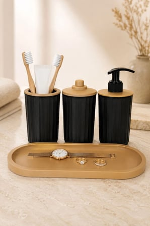4 Parça Banyo Seti Modern Çizgili Tasarım | Organize | Pamukluk | Organizer | Sıvı Sabunluk | Diş fırçalık